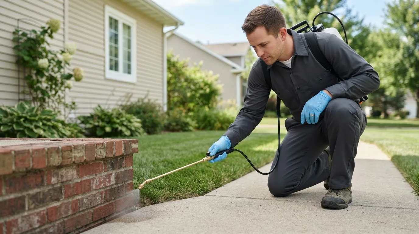 Pest control technician treating a home near Denver City, TX
